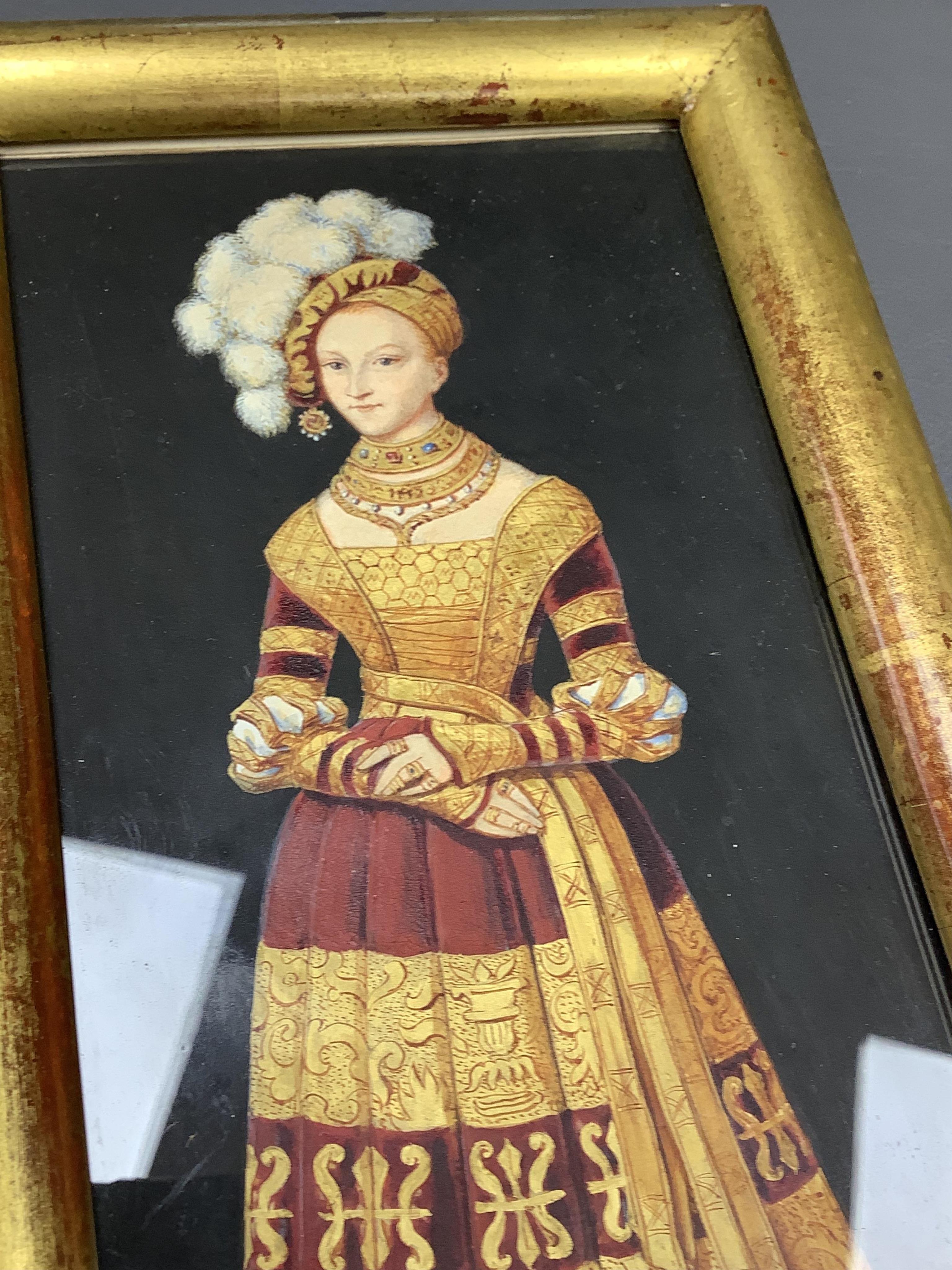 After Lucas Cranach the Elder (German, 1472-1553), portraits of Henry IV, The Pious Duke of Saxony and Duchess Katharina Von Mecklenburg, pair of 19th century gouaches, unsigned, 19 x 9cm, gilt framed